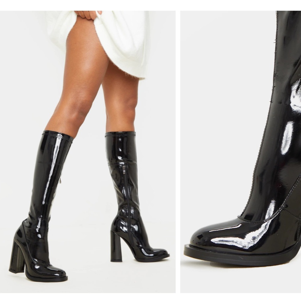 Black Knee High Block Heel Sock Boot - Picture 2 of 15